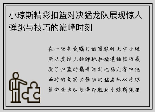 小琼斯精彩扣篮对决猛龙队展现惊人弹跳与技巧的巅峰时刻
